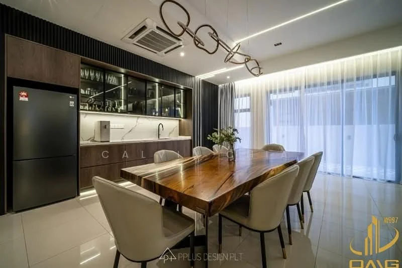 Dining features: wood dining table, upholstered dining chairs, black refrigerator, built-in cabinetry, glassware display, single-bowl stainless-steel sink, chrome pull-down faucet, marble countertop, recessed LED downlights, floor-to-ceiling windows with sheer curtains, wood panel accent wall, decorative light fixture; style: modern.