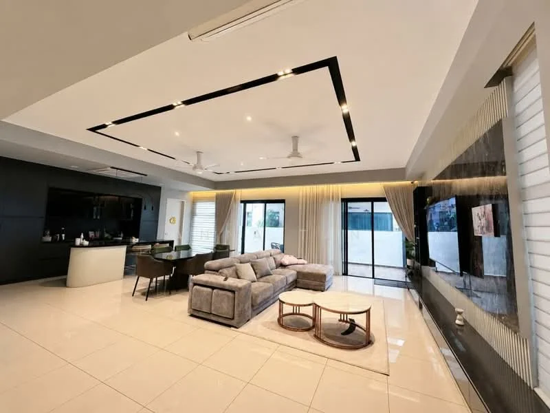 Living features: grey fabric sectional sofa, 2 round coffee tables, area rug, wall-mounted TV, black feature wall, floor-to-ceiling windows, sheer curtains, recessed downlights, 5-blade ceiling fans, dining table with chairs, open-plan layout, tile flooring, light-colored walls, decorative wall paneling; style: modern; view: garden.