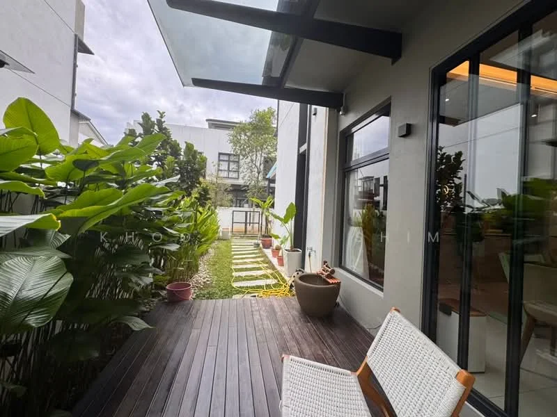 Room features: wooden decking, potted plants, green foliage, stone pathway, glass sliding door, outdoor seating, modern architectural design, overhanging roof; style: modern; view: garden.