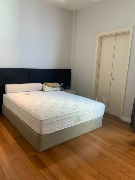 Bedroom features: queen-size bed, upholstered headboard, wooden flooring, white painted walls, built-in wardrobe, bedside table, decorative pillows, window with curtains; style: modern.