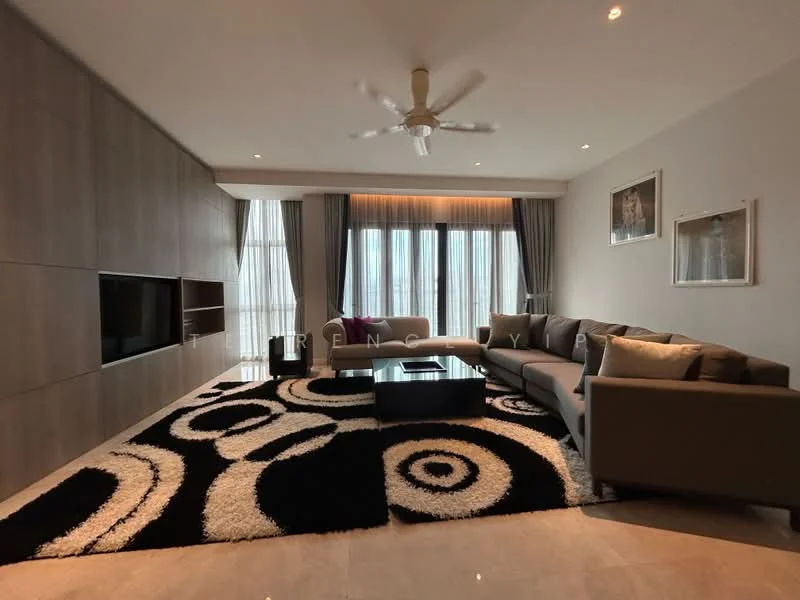 Living features: 3-seater fabric sofa in grey, 2-seater fabric sofa in beige, coffee table, wall-mounted TV, TV console, area rug with circular pattern, floor-to-ceiling windows, sheer curtains, ceiling fan, recessed downlights, decorative artwork, wood panel accent wall; style: modern.