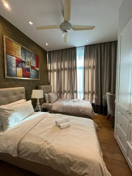 Bedroom features: queen-size bed with upholstered headboard, single bed, white bedding, decorative throw pillows, wooden flooring, 5-blade ceiling fan, framed artwork on wall, curtains with sheer and blackout layers, built-in wardrobe with sliding doors, table lamp on bedside table, wall-mounted light fixtures; style: modern.