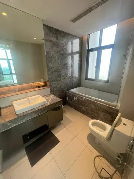 Bathroom features: single-sink vanity with grey stone countertop, framed mirror, built-in bathtub, one-piece toilet, grey marble tile walls, white ceramic floor tiles, window with city view, recessed downlights; style: modern; view: city.