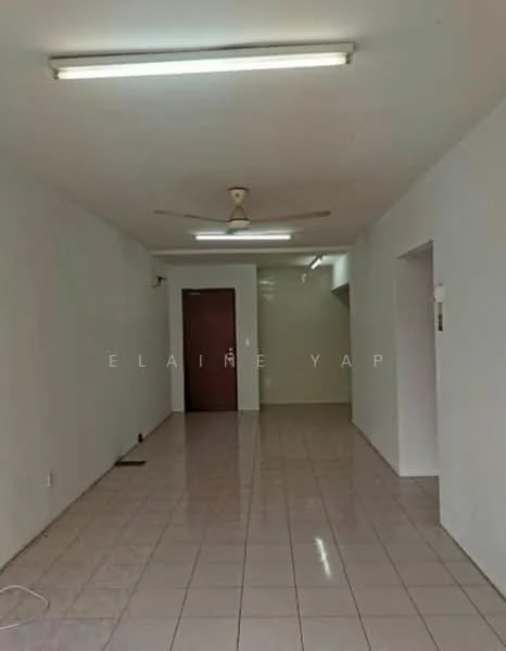 Room features: white painted walls, glossy ceramic tile flooring, ceiling fan, fluorescent lighting, single wooden door, open layout, no visible furniture, neutral color scheme; style: minimalist.