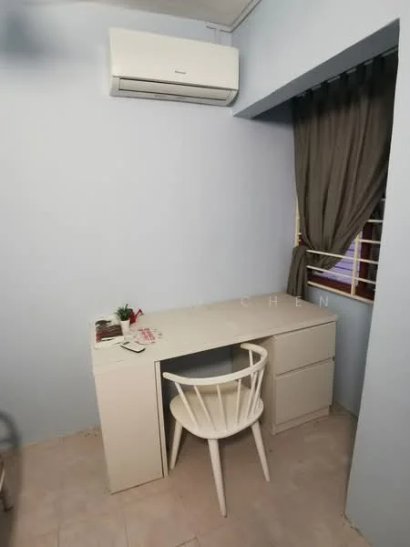 Study features: light blue painted walls, tile flooring, 1 wall-mounted split AC, window with curtains, white desk, white chair, small potted plant on desk, drawer unit beside desk; style: minimalist.