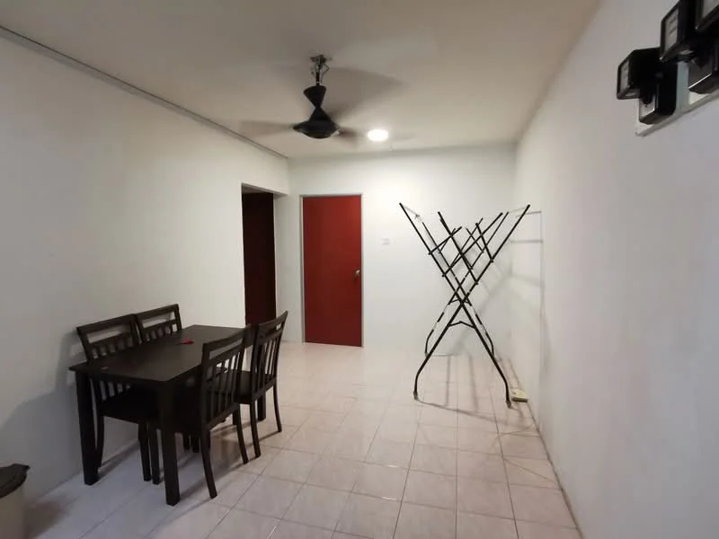 Dining features: white painted walls, tile flooring, 5-blade ceiling fan with light, dining table with 4 chairs, clothes drying rack, red door, recessed ceiling lights.