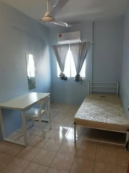 Bedroom features: light blue painted walls, white tiled flooring, single bed frame, mattress on bed frame, white study desk, white chair, floor-to-ceiling window, sheer curtains, wall-mounted air conditioning unit, ceiling fan; style: minimalist.