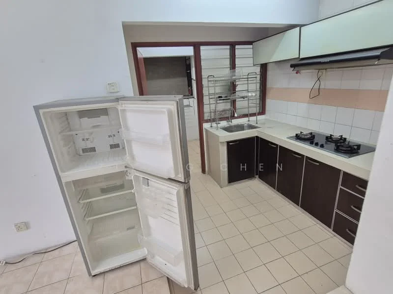 Kitchen features: white tiled walls, cream laminate cabinetry, stainless-steel sink, chrome pull-down faucet, 2-burner gas hob, built-in oven, white tiled backsplash, ceramic tile flooring, refrigerator, open shelving, window above sink, countertop space, metal rack for storage; style: modern.