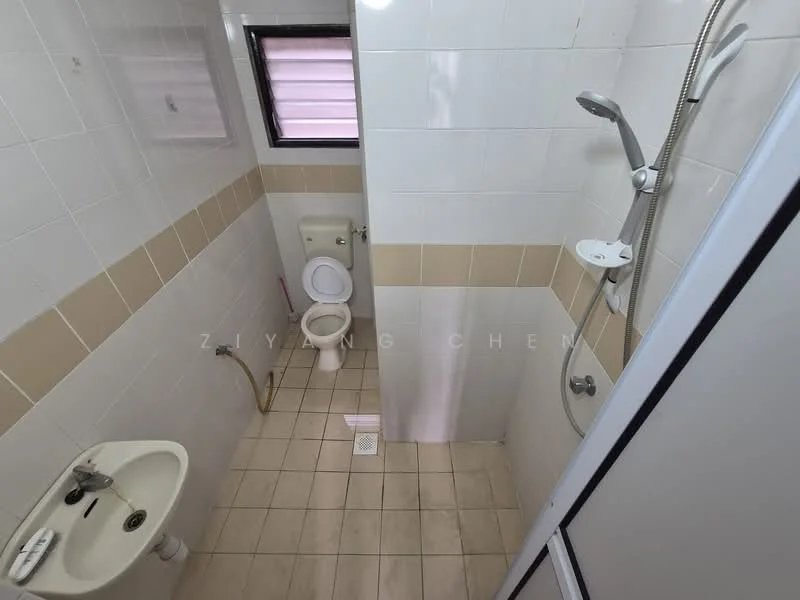 Bathroom features: white tiled walls, beige tiled accents, ceramic tile flooring, single-sink vanity with chrome faucet, toilet, shower with handheld shower head, glass shower enclosure, window for natural light.