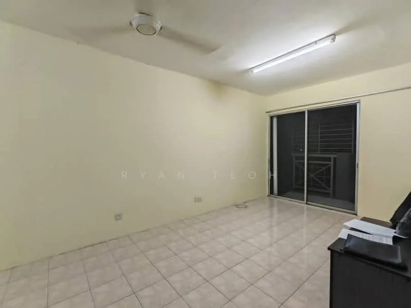 Room features: cream painted walls, tile flooring, sliding glass door, ceiling fan, window treatments, light fixtures, built-in desk, open space layout; style: minimalist.