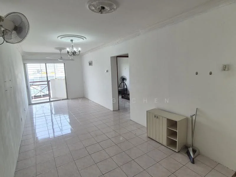 Living features: white painted walls, glossy ceramic tile flooring, ceiling rose, chandelier, 5-blade ceiling fan, floor-to-ceiling windows, sliding glass door, balcony access, built-in shelving unit, neutral decor; style: minimalist; view: city.