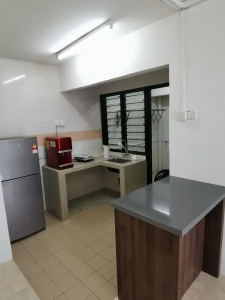 Kitchen features: grey granite countertop, single-bowl stainless-steel sink, chrome pull-down faucet, built-in cabinets, stainless-steel fridge, kitchen island with seating, white tiled backsplash, ceramic tile flooring, overhead fluorescent lighting, window with security bars; style: modern.
