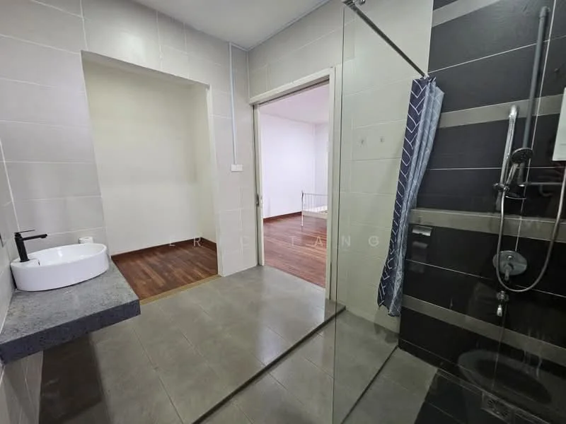 Bathroom features: grey ceramic tile flooring, white painted walls, walk-in shower with glass enclosure, chrome handheld shower, chrome wall-mounted faucet, round white vessel sink, grey stone countertop, mirror, towel rack, sliding door to adjacent room; style: modern. Room features: wood flooring, white painted walls, doorway leading to another room.