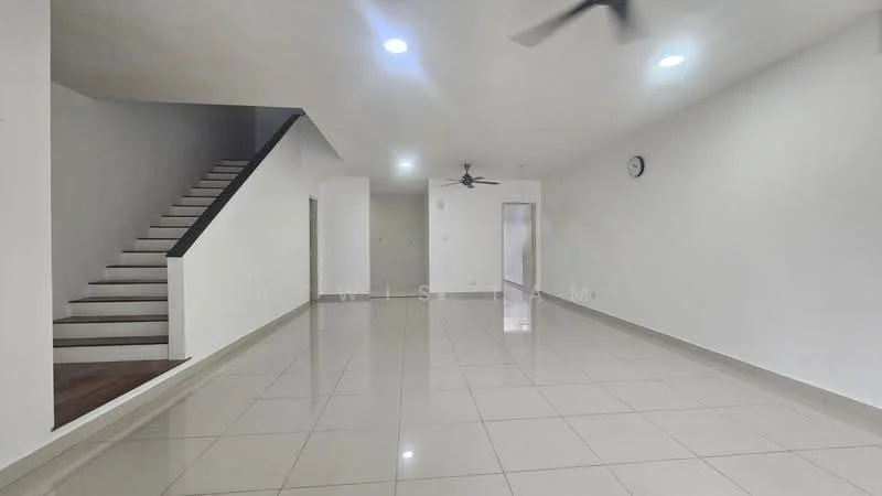Living features: white painted walls, glossy ceramic tile flooring, recessed downlights, 2-blade ceiling fan, clock on wall, open space layout, staircase with wooden treads, large windows for natural light; style: modern. Room features: white painted walls, glossy ceramic tile flooring.