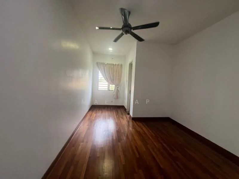 Room features: white painted walls, wooden flooring, 5-blade ceiling fan, window with sheer curtains, natural light from window.