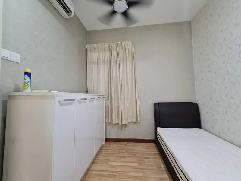 Bedroom features: light wood laminate flooring, cream painted walls, one window with sheer curtains, 1 wall-mounted split AC, white cabinet with multiple doors, black upholstered headboard, single bed frame without mattress, ceiling fan; style: modern.