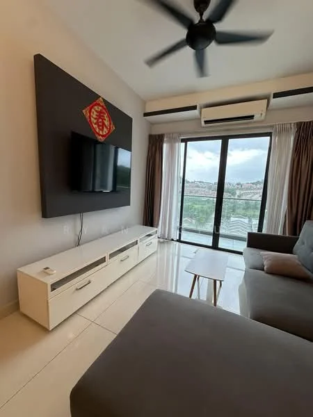 Living features: grey fabric sofa, white TV console, wall-mounted flat-screen TV, ceiling fan with light, floor-to-ceiling windows, sliding glass door, curtains, cream tiled flooring, decorative wall art, small side table; style: modern; view: city.