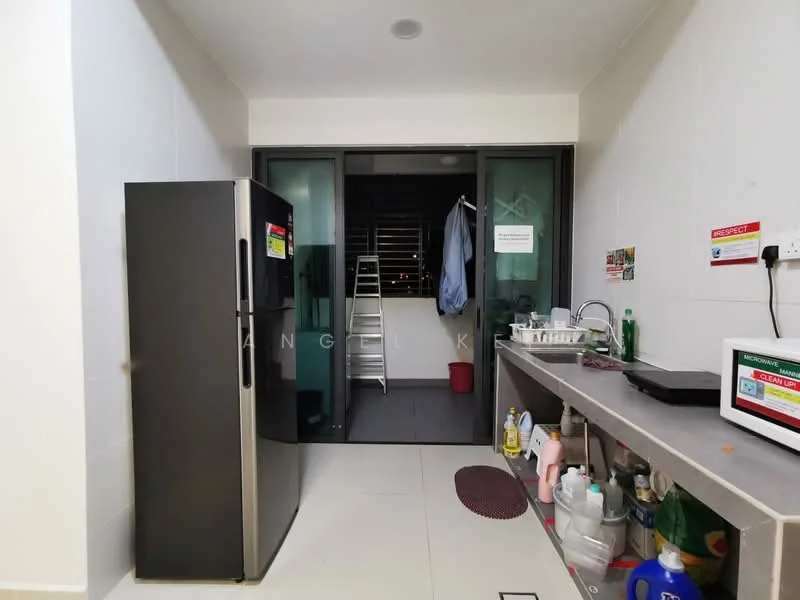 Kitchen features: black stainless-steel fridge, grey countertop, white cabinets, sink, kitchen utensils, dish soap, cleaning supplies, open shelving, floor-to-ceiling windows, sliding door to balcony, tile flooring, light fixture; style: modern.