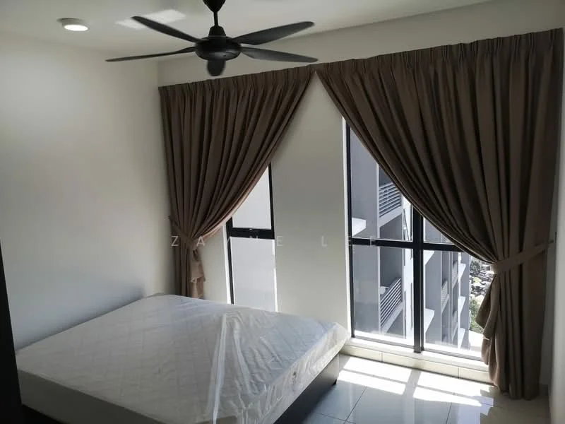 Bedroom features: floor-to-ceiling windows, blackout curtains, 5-blade ceiling fan, white painted walls, tile flooring, unmade bed with mattress, natural light from windows, view of exterior; style: modern; view: city.