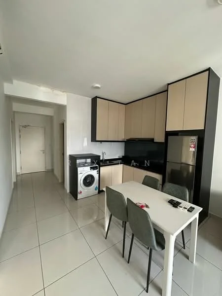 Kitchen features: black and beige cabinetry, stainless-steel refrigerator, built-in oven, 4-burner gas hob, single-bowl stainless-steel sink, chrome pull-down faucet, white tiled backsplash, washing machine, white dining table, 4 grey upholstered dining chairs, white tiled flooring, recessed downlights, wall-mounted cabinets; style: modern. Room features: white painted walls, doorway leading to hallway.