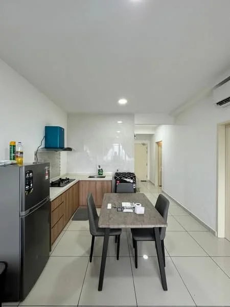 Kitchen features: white painted walls, glossy white tile flooring, kitchen cabinets in wood finish, black countertop, stainless-steel sink, chrome pull-down faucet, built-in gas stove, exhaust hood, refrigerator, dining table with four chairs, wall-mounted air conditioning unit, LED ceiling lights; style: modern.