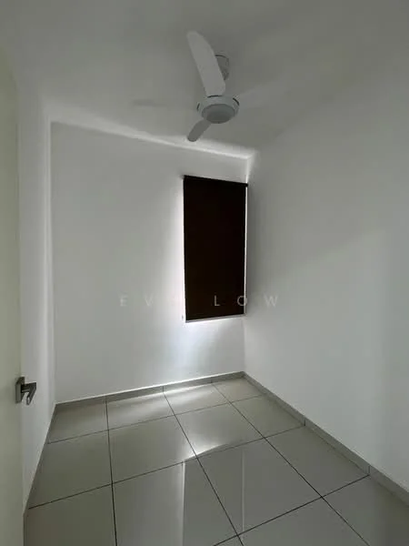 Room features: white painted walls, grey tile flooring, ceiling fan, roller blinds, single window.