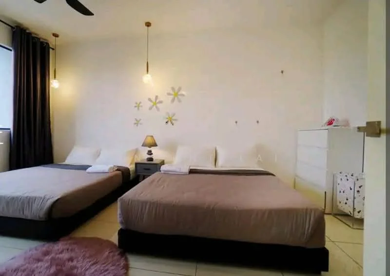Bedroom features: two queen-size beds with beige bedding, upholstered headboards, nightstand with lamp, white dresser, floor-to-ceiling windows with sheer curtains, ceiling fan with light, decorative wall with flower decals, light-colored tiled flooring, area rug with pink color; style: modern.