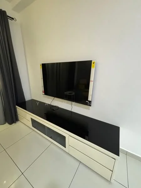 Living features: wall-mounted TV, black glass TV console, white cabinetry, grey curtains, white painted walls, glossy tile flooring; style: modern.