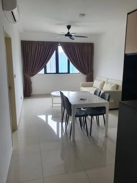 Living features: white painted walls, glossy ceramic tile flooring, 5-blade ceiling fan with light, floor-to-ceiling windows, sheer curtains, sofa in cream color, 4-seater dining table, black dining chairs, decorative wall, natural light from windows; style: modern; view: city.