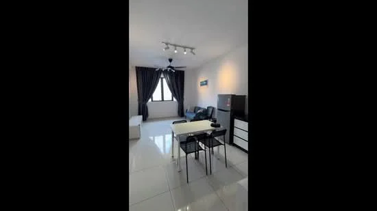 Living features: white painted walls, glossy ceramic tile flooring, 5-blade ceiling fan with light, floor-to-ceiling window, blackout curtains, black leather sofa, white coffee table, 4 black dining chairs, stainless-steel fridge, white storage cabinet; style: modern.