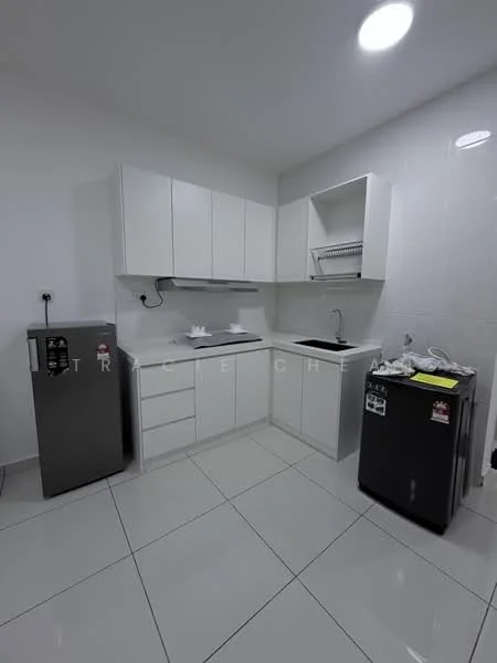 Kitchen features: white cabinetry, single-bowl stainless-steel sink, chrome pull-down faucet, white countertop, built-in shelving, stainless-steel fridge, black fridge, ceramic tile flooring, recessed ceiling lights, wall-mounted power outlets, white tiled walls; style: modern.