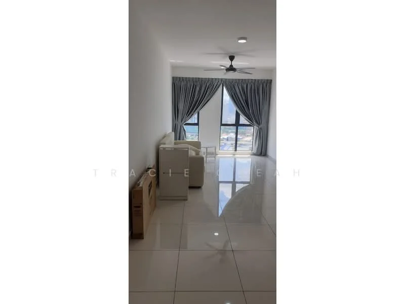 Living features: white painted walls, glossy tile flooring, 5-blade ceiling fan with light, floor-to-ceiling windows, sheer curtains, sofa, coffee table, TV console; style: modern; view: city.