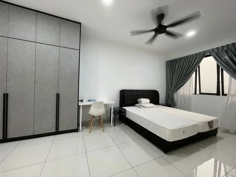 Bedroom features: queen-size bed, upholstered headboard, white bed linens, built-in wardrobe with grey panels, white desk, white chair, ceiling fan, floor-to-ceiling windows, curtains, white tiled flooring, recessed ceiling lights; style: modern.