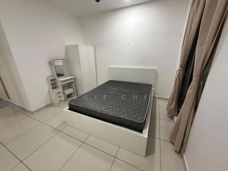 Bedroom features: queen-size bed, white bed frame, grey mattress, white bedside table, white dresser, mirror on dresser, floor-to-ceiling window, curtains, cream painted walls, glossy tile flooring, ceiling light fixture; style: modern.