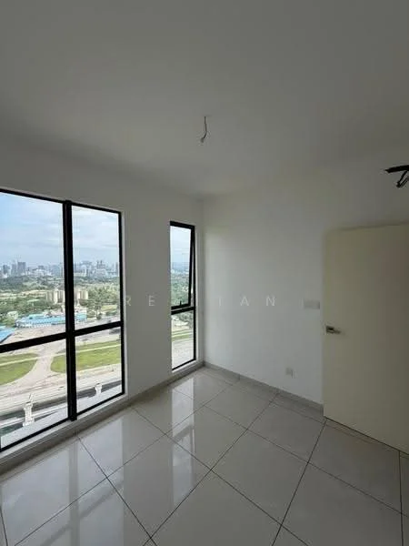 Room features: white painted walls, glossy ceramic tile flooring, floor-to-ceiling windows, city view, single door, ceiling light fixture, neutral color scheme; style: modern; view: city.