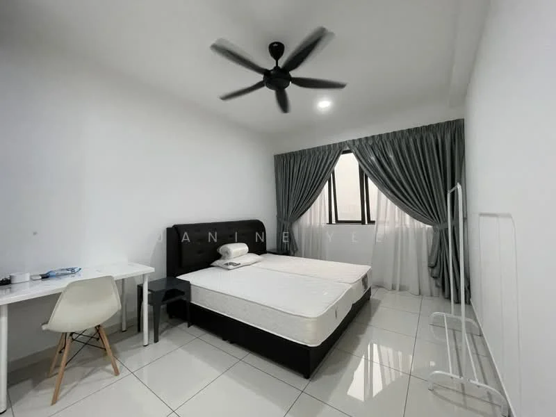 Bedroom features: white painted walls, tile flooring, 5-blade ceiling fan, floor-to-ceiling window, sheer curtains, black upholstered bed frame, mattress on bed frame, study desk with chair, white folding rack; style: modern.