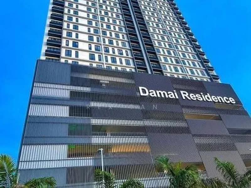 Exterior type: high-rise condominium; features: glass curtain wall, white painted facade, grey paneling, balconies, signage with 'Damai Residence', multiple storeys, landscaped greenery at base; style: modern.