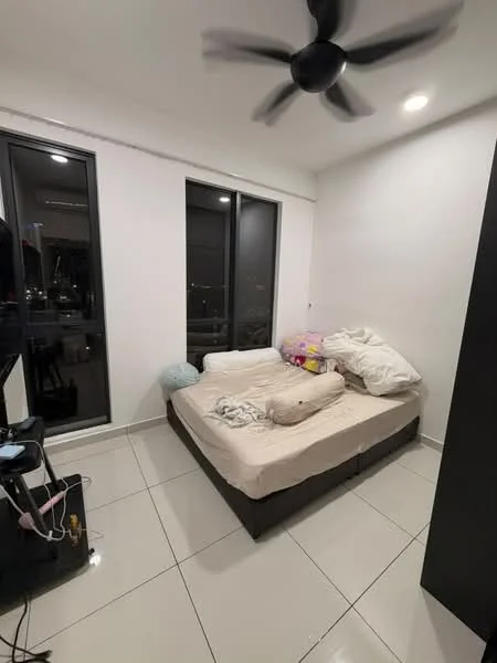 Bedroom features: queen-size bed, white bedding, floor-to-ceiling windows, blackout curtains, ceiling fan, white painted walls, tile flooring, nightstand, TV console, decorative pillows; style: modern; view: city.