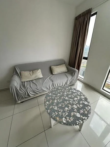 Living features: grey fabric sofa, two beige cushions, round coffee table with floral design, white tiled flooring, floor-to-ceiling windows, sheer curtains, city view, white painted walls; style: modern; view: city.