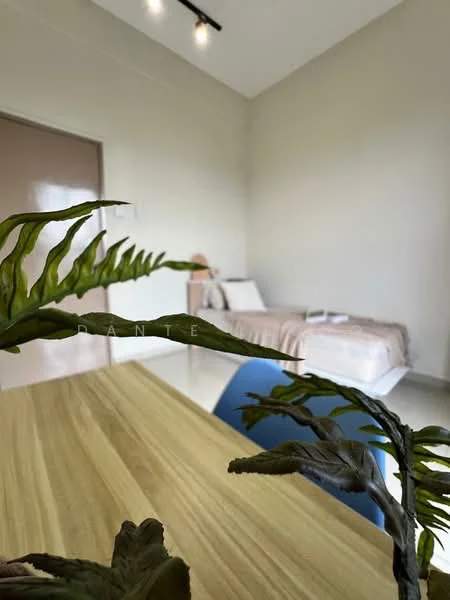 Bedroom features: single bed with beige bedding, wooden bedside table, light-colored walls, recessed ceiling lights, large window with natural light, flooring with glossy finish, decorative plant in foreground, minimalist decor; style: modern.