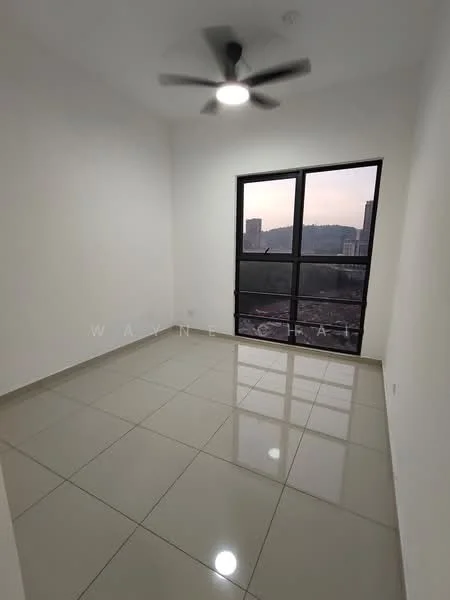 Bedroom features: white painted walls, glossy ceramic tile flooring, 5-blade ceiling fan with light, floor-to-ceiling windows, city view; style: modern; view: city.