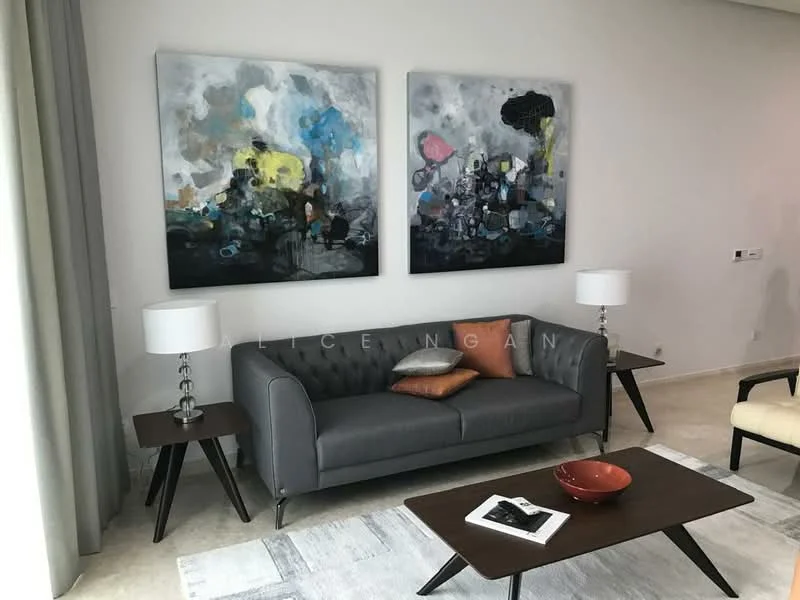 Living features: grey tufted sofa, orange accent pillow, two side tables with lamps, abstract artwork on walls, light-colored area rug, coffee table with decorative bowl, neutral wall color, floor-to-ceiling windows with sheer curtains; style: modern.