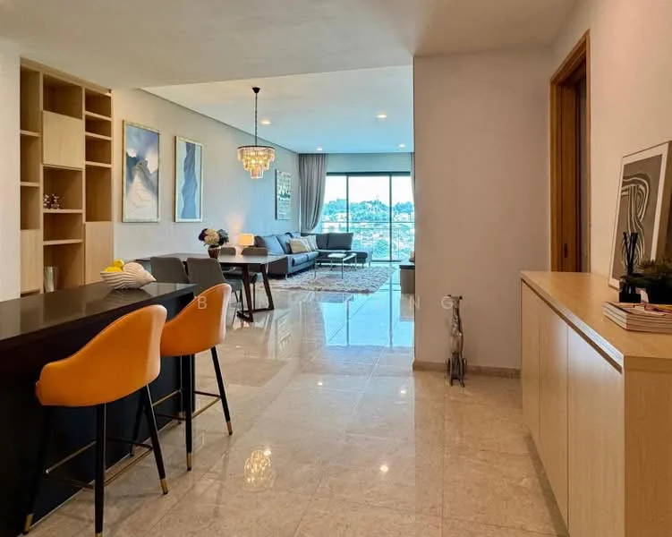 Living features: sofa in grey, coffee table, area rug, floor-to-ceiling windows, city view, chandelier, wall-mounted artwork, recessed downlights; style: modern; view: city. Dining features: bar counter with stools, wood cabinetry, decorative items on counter; style: modern.