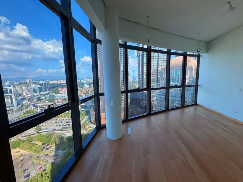 Room features: floor-to-ceiling windows, city view, hardwood flooring, white walls, recessed downlights, two pendant lights, open layout, corner unit; style: modern; view: city.