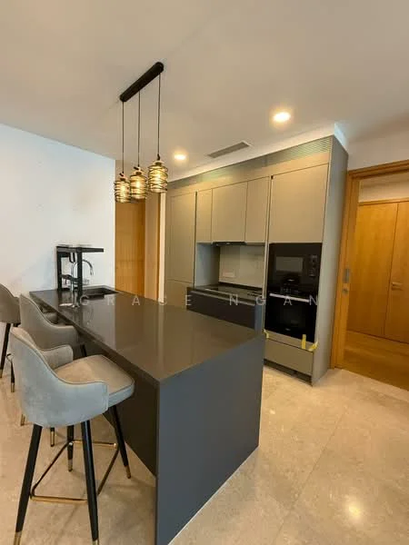 Kitchen features: grey cabinetry, black countertop, stainless-steel fridge, built-in oven, freestanding range oven, 3 pendant lights, bar stools, marble tile flooring, recessed downlights; style: modern.