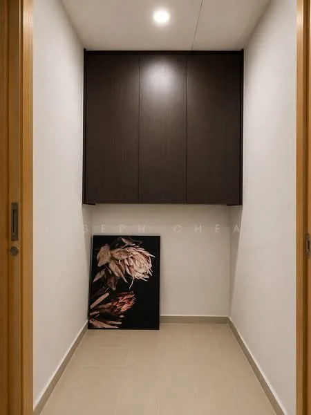 Room features: white painted walls, light grey tile flooring, built-in dark wood cabinetry, framed artwork on the floor, recessed ceiling lights; style: modern.