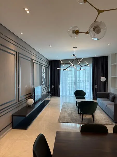 Living features: grey fabric sofa, black TV console, wall-mounted TV, chandelier with multiple bulbs, large floor-to-ceiling windows, sheer curtains, blackout curtains, marble flooring, decorative wall paneling, area rug with neutral tones, green upholstered dining chairs, dining table, built-in shelving unit; style: modern; view: city.