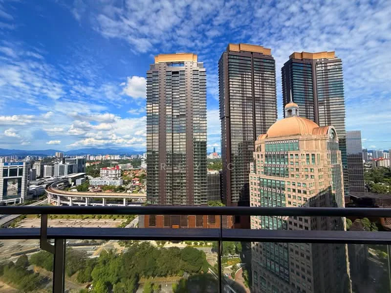 Exterior type: high-rise condominium; features: glass curtain wall, recessed balconies, urban skyline view, surrounded by greenery, adjacent to highway; style: modern.