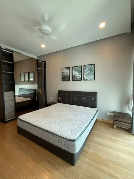 Bedroom features: queen-size bed, upholstered headboard, wooden bedside table, built-in wardrobe with sliding doors, mirror on wardrobe, 3 framed artworks on wall, ceiling fan, wooden flooring, natural light from window, neutral wall color; style: modern.