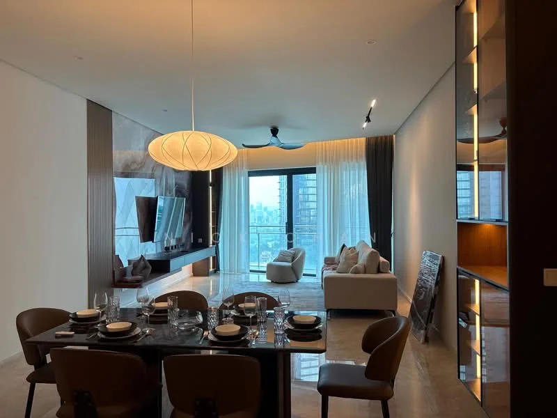Dining features: 6-seater dining table, black marble tabletop, upholstered dining chairs in brown, decorative centerpiece, tableware including plates and glasses, pendant light fixture, floor-to-ceiling windows, city skyline view, neutral painted walls, marble flooring; style: modern; view: city. Living features: L-shape sectional sofa in light beige, decorative cushions, coffee table, wall-mounted TV, media console, floor-to-ceiling windows, sheer curtains, neutral painted walls, marble flooring; style: modern; view: city.